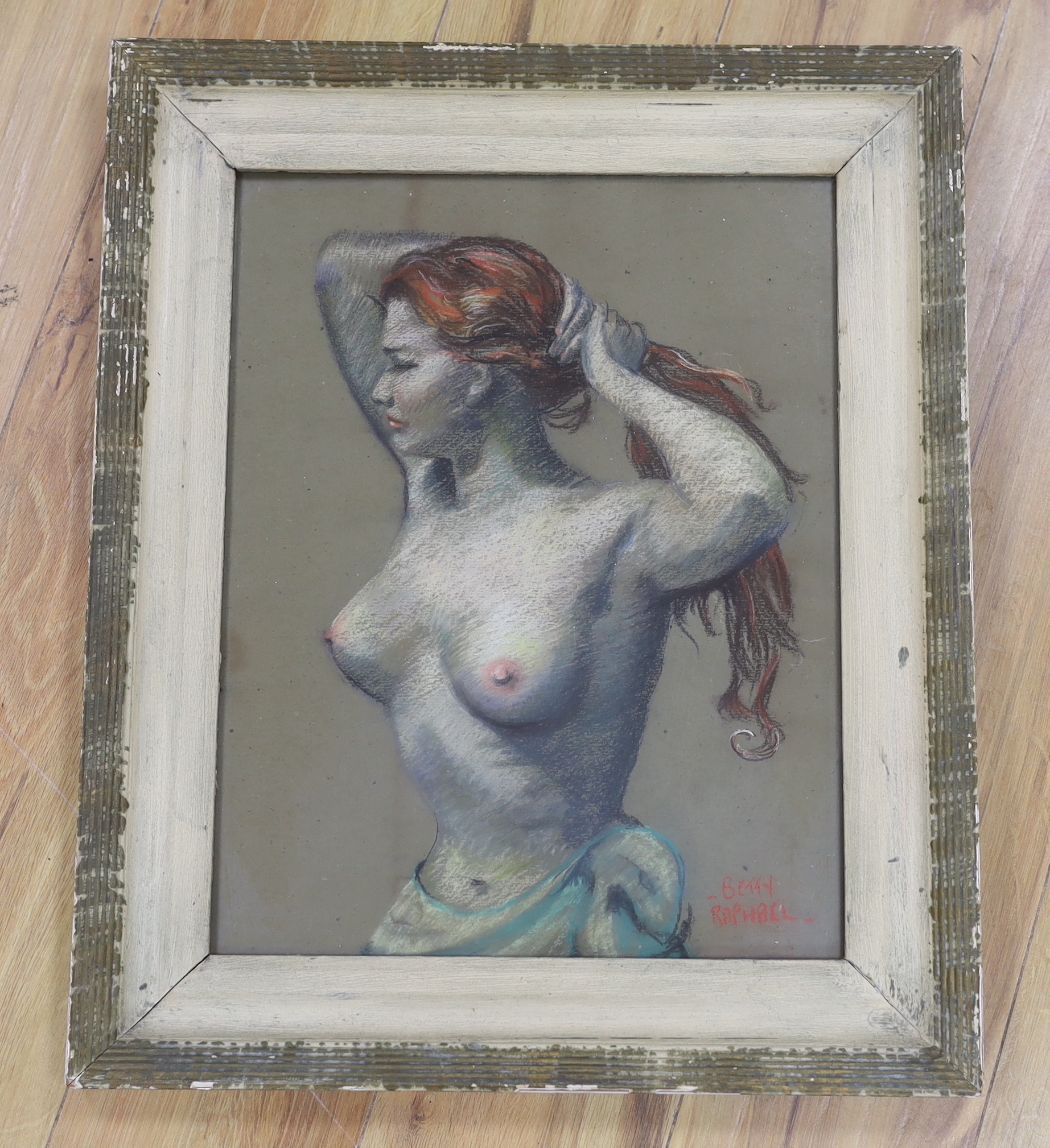 Betty Raphael (20th century), heightened pastel on paper, Half length portrait of a semi nude woman, 45 x 34cm